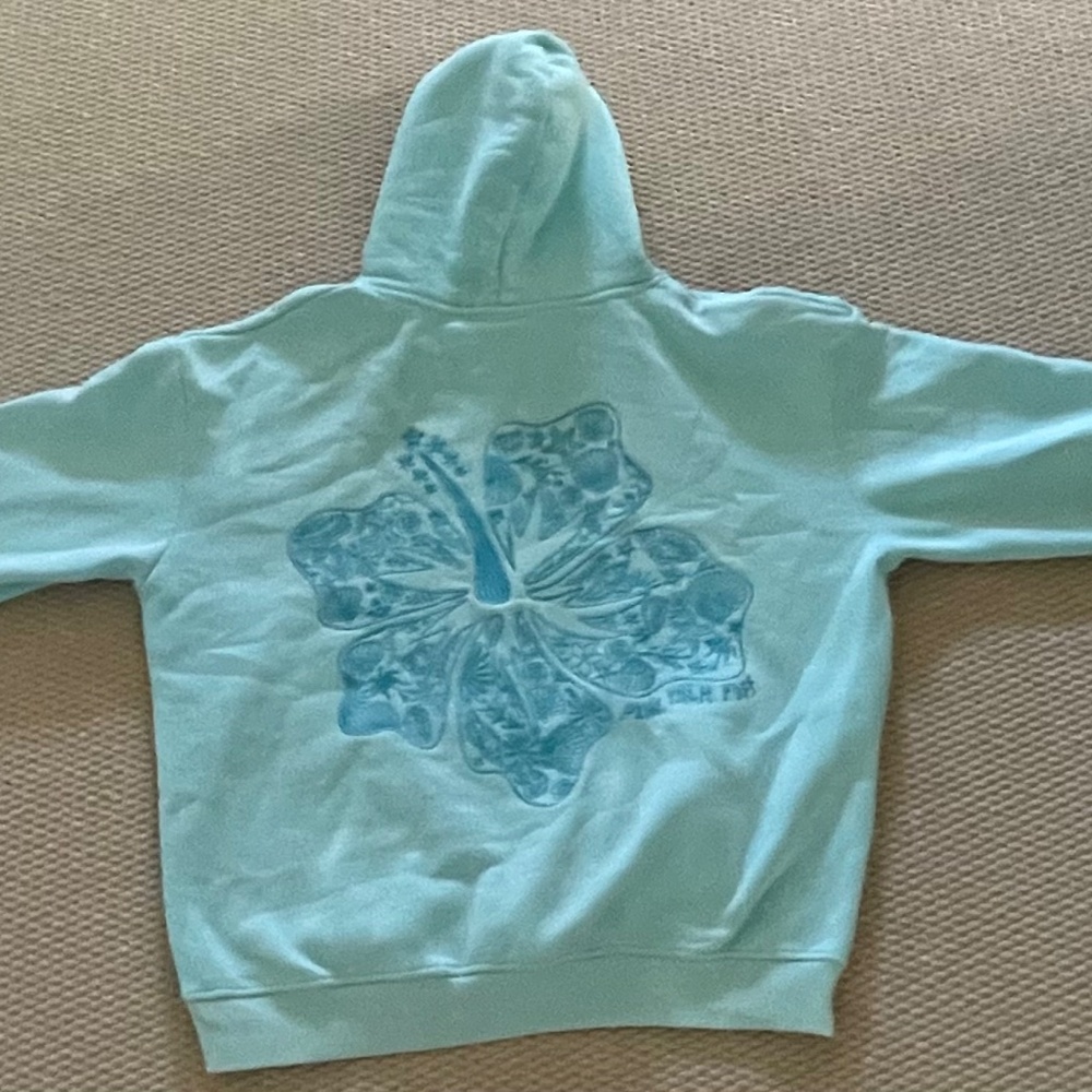 Pink palm puff Hawaii hibiscus hoodie in aquamarine size medium with og dustbag
